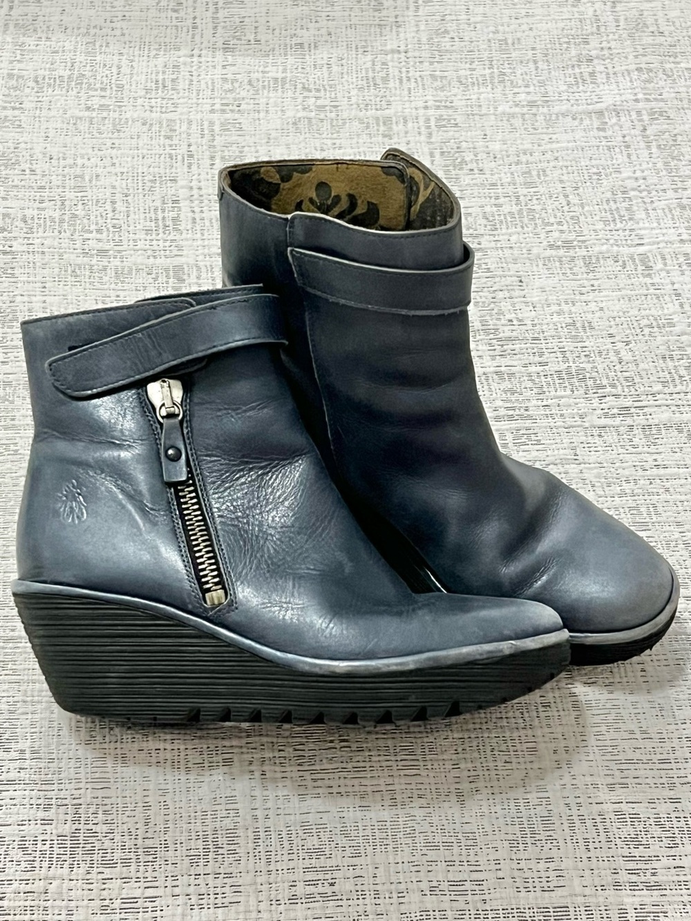 FLY London Leather Wedge Ankle Boots Blue Gray | EU 40